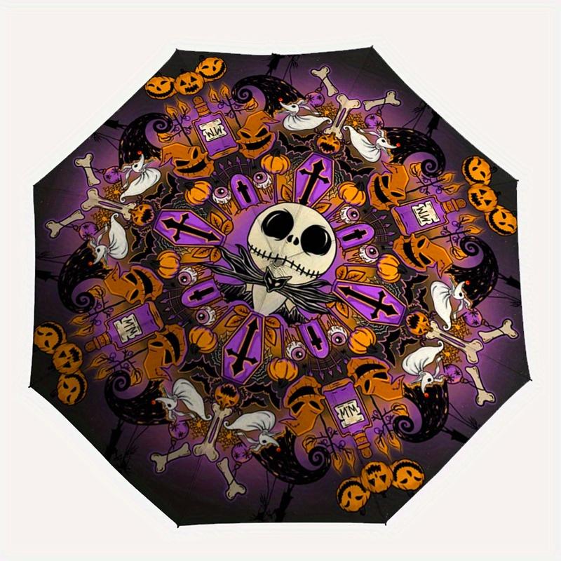 Jack Skellington, Halloween Themed Automatic opening and closing folding umbrella, 8-rib windproof, compact travel design, suitable for all