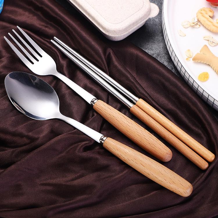 Stainless Steel Cutlery Set with Wooden Handles - Includes Chopsticks, Fork & Spoon for Students and Outdoor Travel.