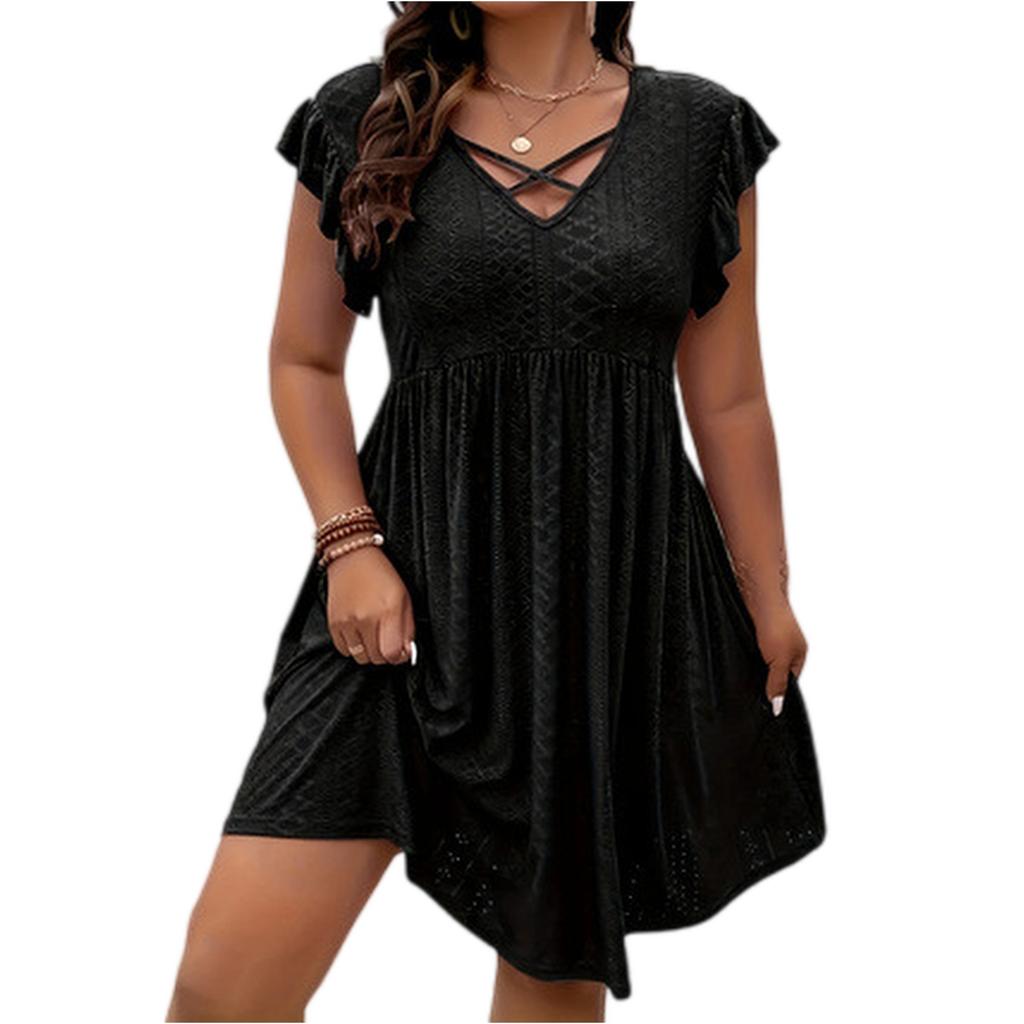 Women’s Short Sleeve V Neck Mini Dress with Ruffle Sleeves and Crisscross Front Casual Loose Fit