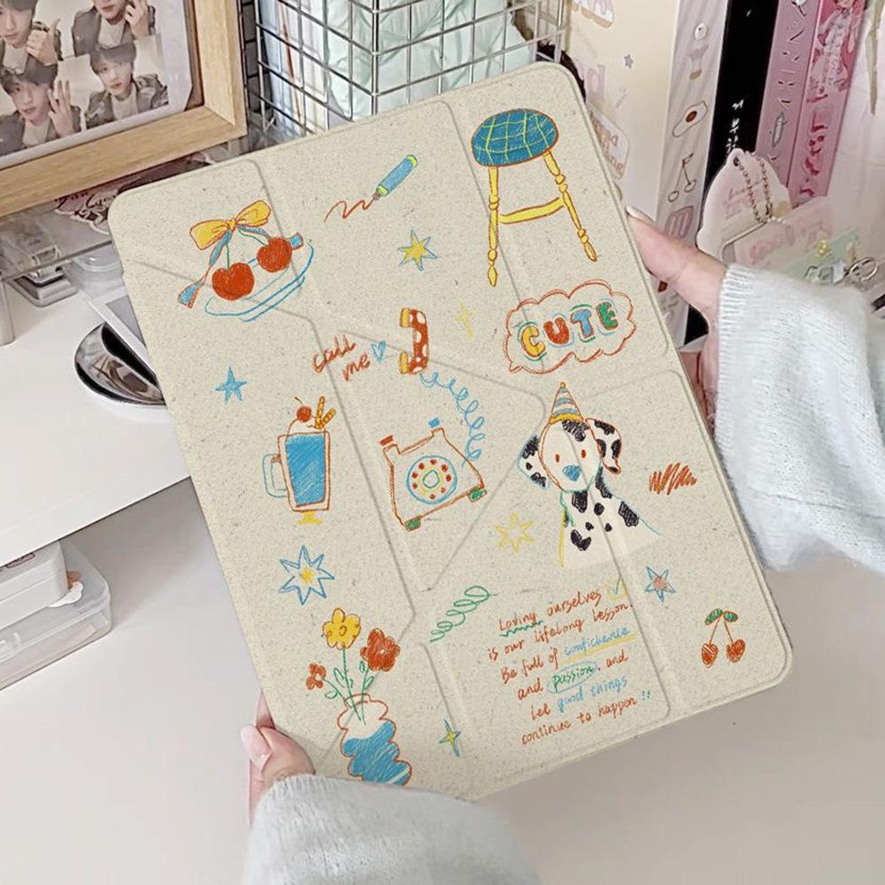 ins style retro illustration for iPad Pro11 inch Y folded edge sticker tablet protective case with pen slot anti-drop soft case