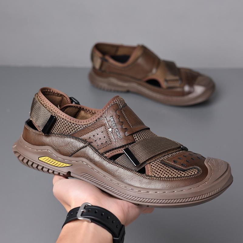 Cowhide Sandals Men's 2025 New Casual Breathable Hole Shoes Men's Tide Non-slip Bag Head Outdoor Beach Shoes