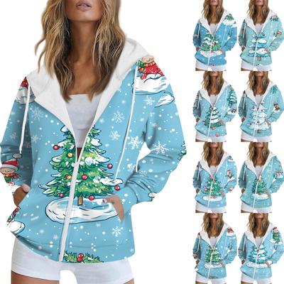 Damen Weihnachtspullover mit Aufdruck, Herbst/Winter, langärmelig, Strickjacke, mit Taschen, Reißverschluss, Kapuzenpullover, Oberbekleidung