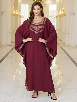 2025 Kaftano Elegante Taglie Forti Donna Retrò Scollo a V Maniche a Pipistrello Abito Lungo Sexy Copricostume da Spiaggia Q1775-4131