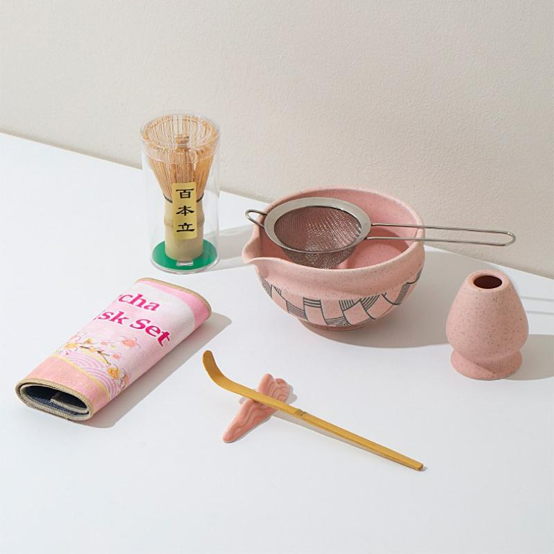 5/7pcs Japanese Matcha Ceramic Tea Set Whisk Ceramic Bowl Bamboo Scoop Sifter Spoon Tea Towel Whisk Holder Matcha Kit Tea Lovers