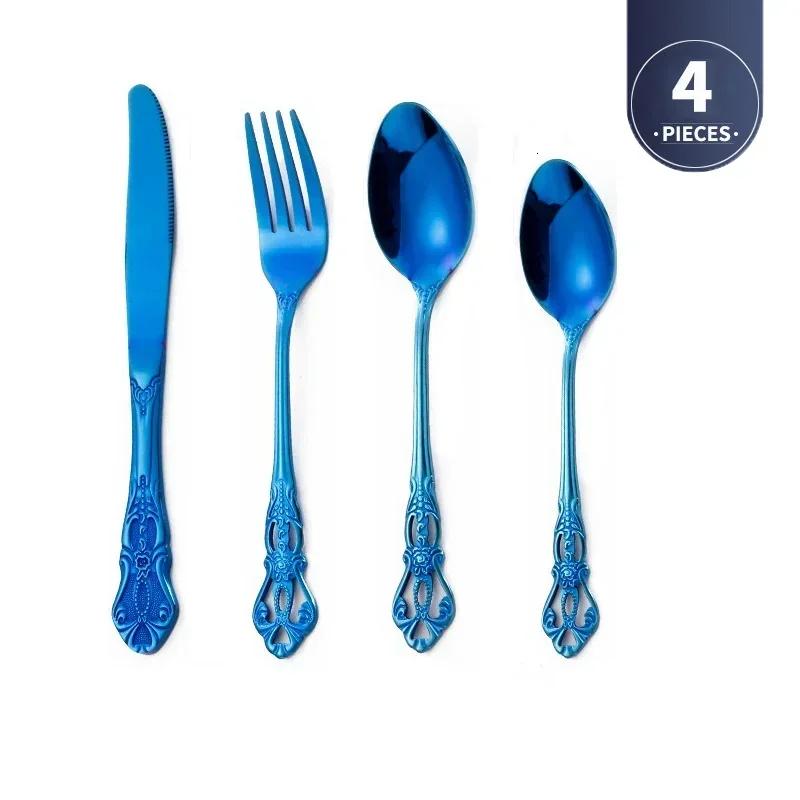 4pcs Gold Stainless Steel Cutlery Set Royal European Spoon Fork And Steak Knife Retro Hollow Design Dinnerware Luxury Tableware