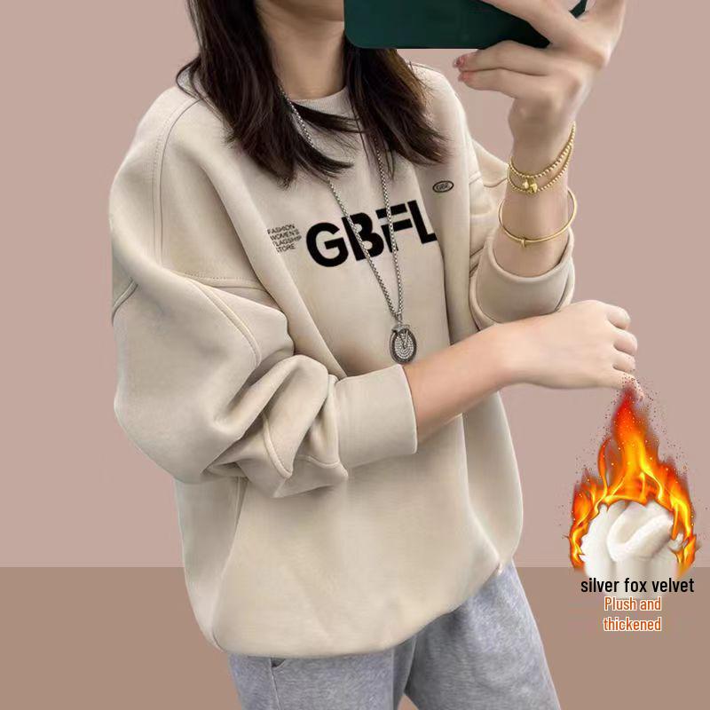 Women's 2024 Cotton Crew Neck Sweatshirt: Thin, Fleece-Lined Loose Pullover for Spring and Autumn.