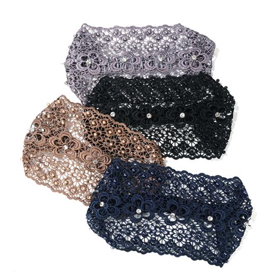 Krajková čelenka zdobená umělými perlami Dámská vysoce elastická široká vlasová gumička s designem pětilisté květiny Vlasové doplňky