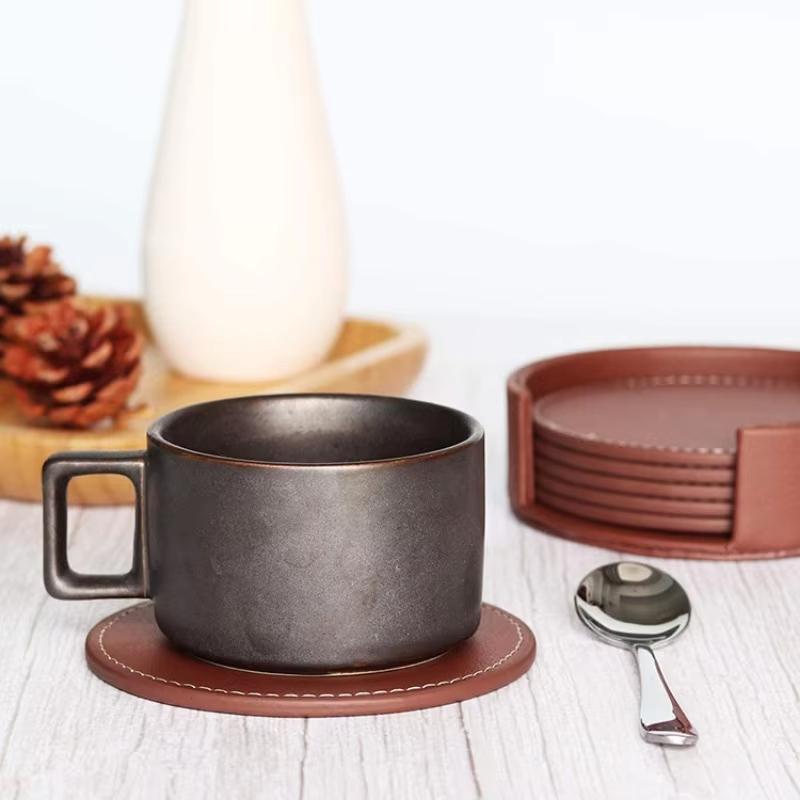 6-teiliges Marmor-Untersetzer-Set aus PU-Leder, leicht zu reinigende Getränkematten für Kaffeetassen, Tee und Tischschutz, mit Halter