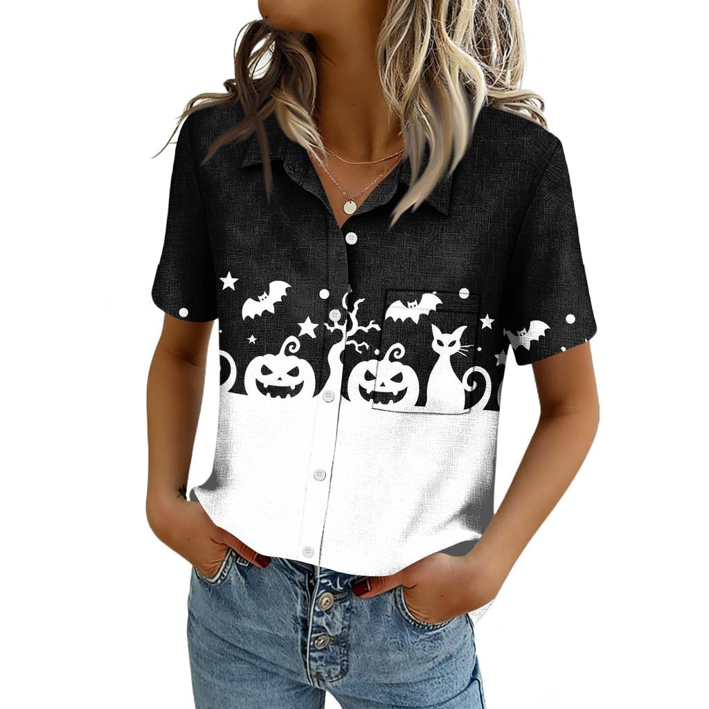Women's Casual Short Sleeve Button Down Shirt with Pocket for Independence Day