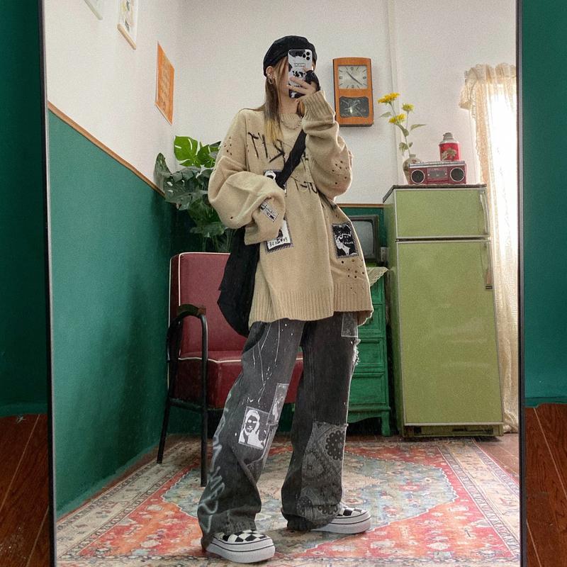 Casual Women Loose Vintage Female Pants  Women Harajuku Baggy Jeans Womens Pants Casual Funny Gothic Pants Summer Jeans Fashion