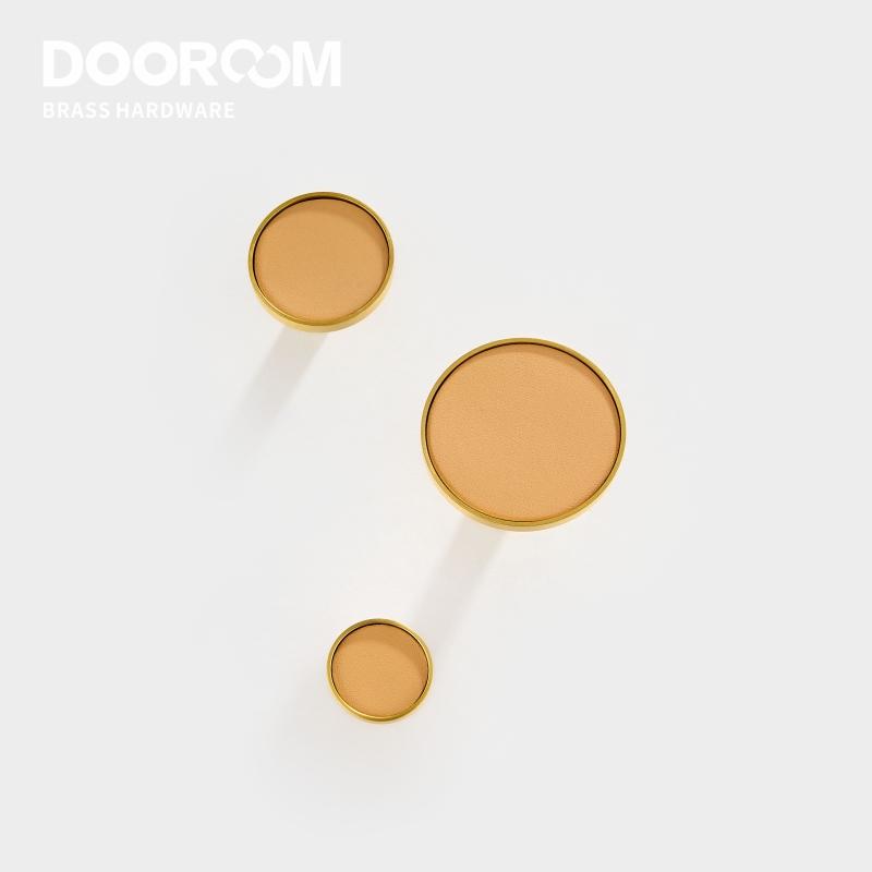 Dooroom Brass Leather Furniture Handles Light Luxury Round Pulls Cupboard Wardrobe Dresser Shoe Box Drawer Cabinet Knobs 