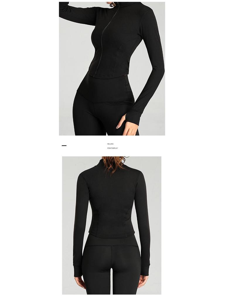 Stand-Collar Slim-Fit Fingerless Yoga Jacket - Long-Sleeve, Elastic, Zippered Running Wear