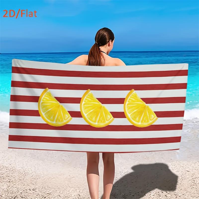 Summer Lemon Print Microfiber Beach Towel, Red White Striped Quick Drying Bath Towel Sandproof Large Pool Blanket for Sunbathing