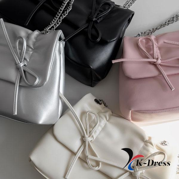 Loving Ribbon Leather Chain Shirring Square Flap Crossbody Shoulder Bag (4 Colors)