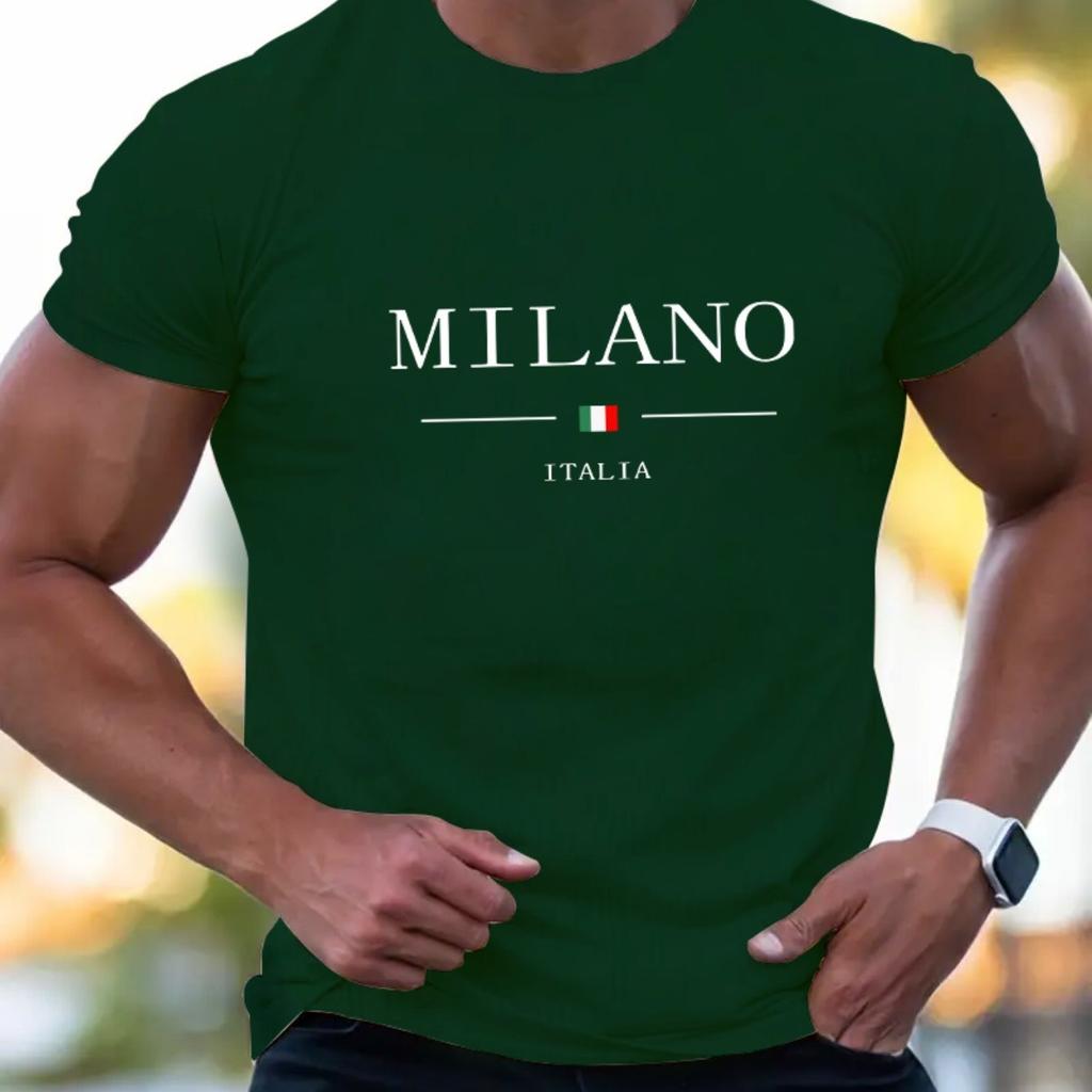 Summer Men's 100% Cotton Casual Sports Loose Plus MILANO Print Comfortable Shopping Round Neck Short Sleeved T-shirt Top