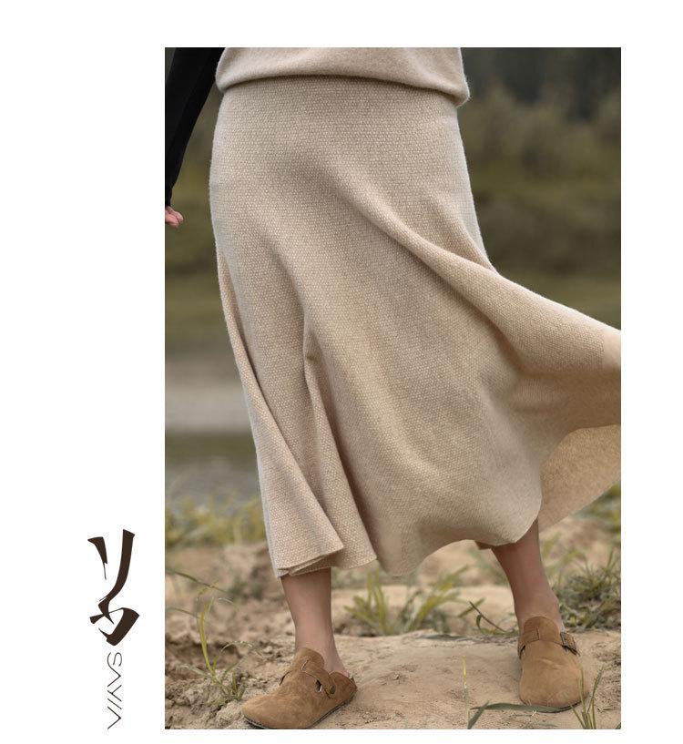 Women's High-Waist Mid-Length Wool Pleated A-Line Skirt for Autumn/Winter