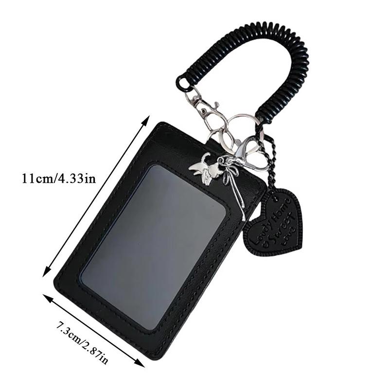 1 Piece Black Pu Leather Silver Cat Bow Pendant Photo Card Holder Keychain Student Campus Card Id Card Holder