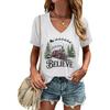 Believe Christmas Train Tops  Tees Vneck Short Sleeve Soft Tee Merry Christmas Tree Graphic T Shirts Women Xmas Gift Clothes