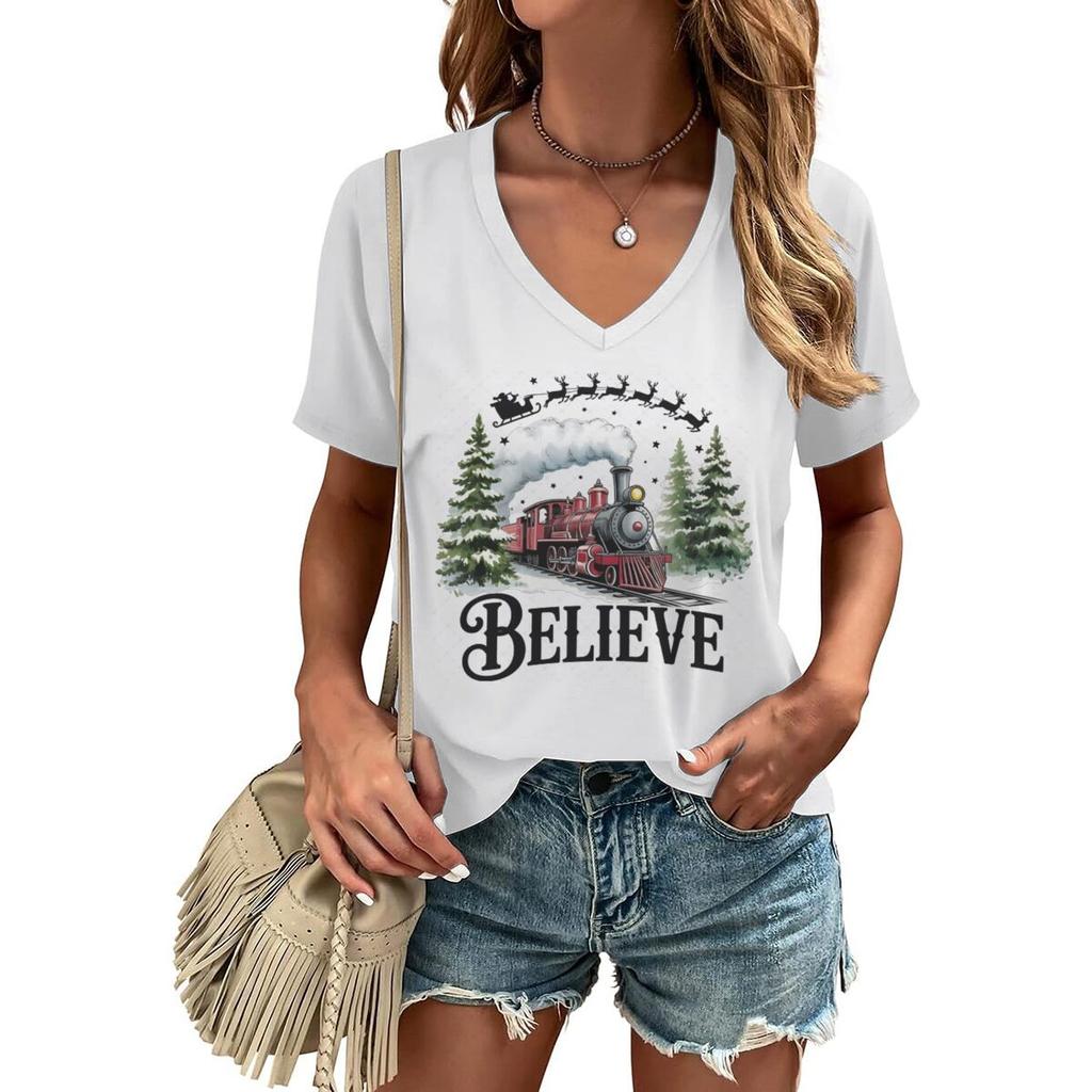 Believe Christmas Train Tops  Tees Vneck Short Sleeve Soft Tee Merry Christmas Tree Graphic T Shirts Women Xmas Gift Clothes