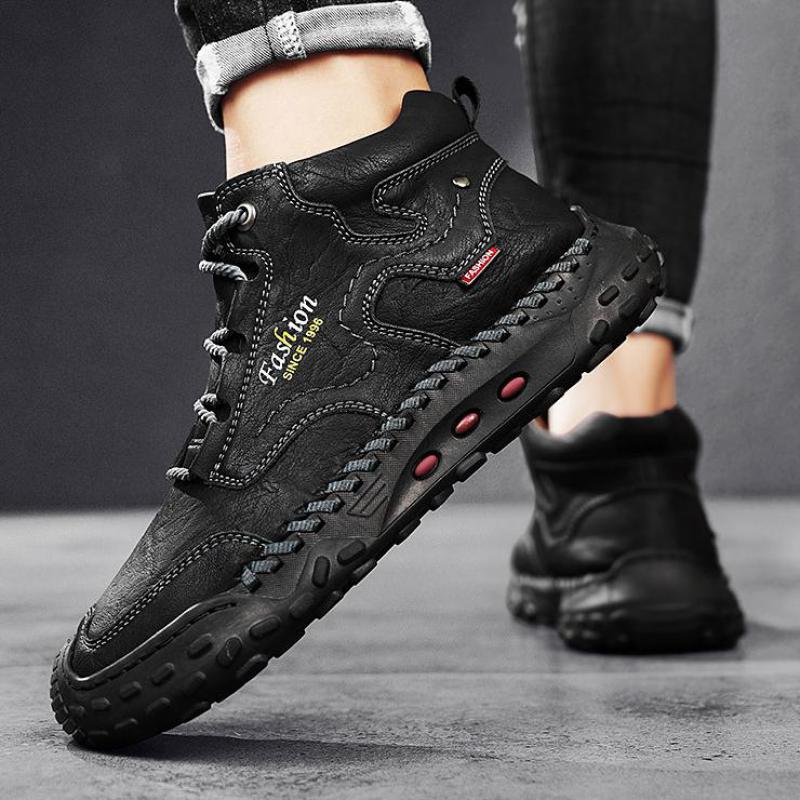 Microfiber Leather Men Boots Outdoor Non-slip High-top Hiking Shoes for Men Plush Winter Ankle Boots Men's Hand-stitched Boots
