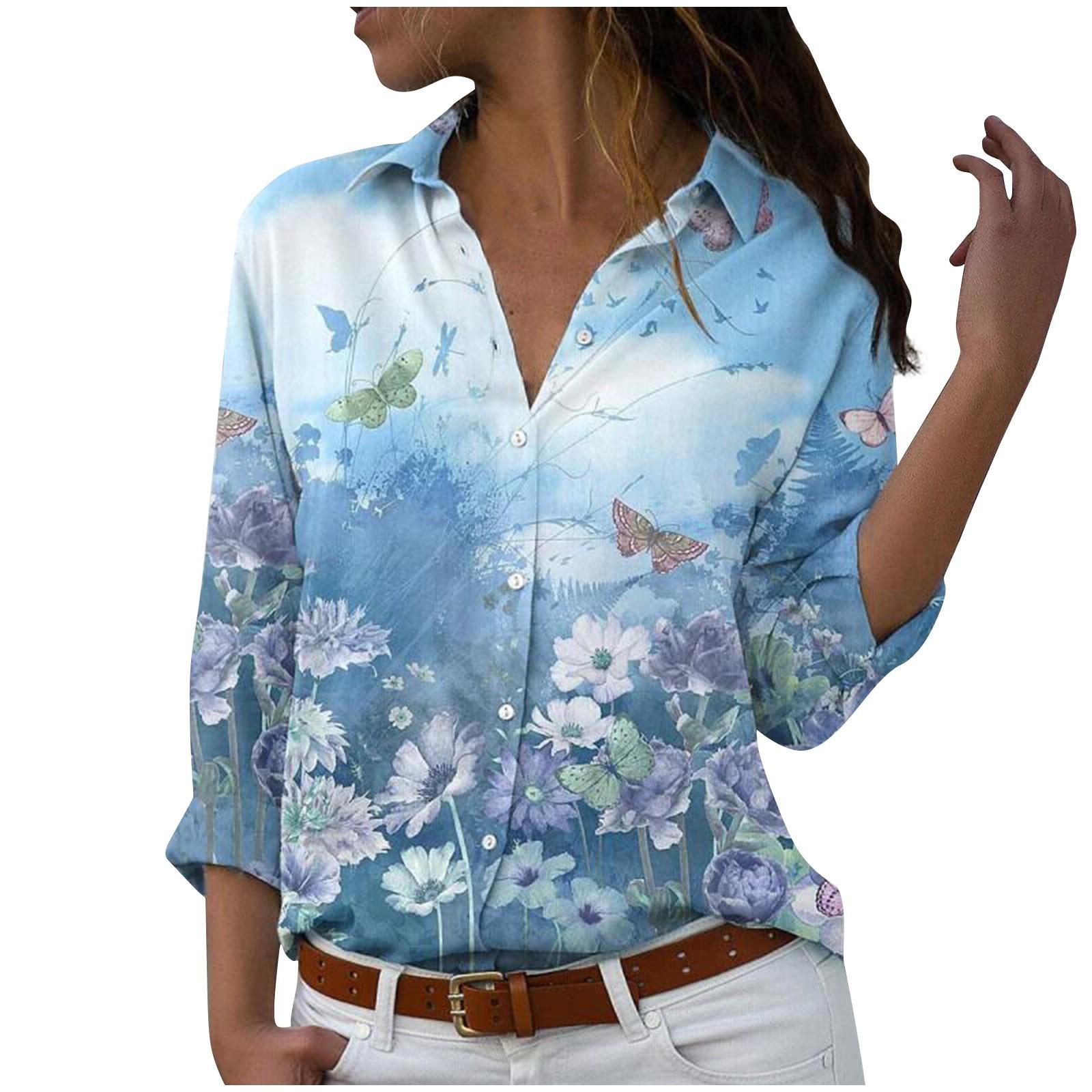 Fashion Women s Printed Button Lapel Long Sleeve Loose Casual Top Shirt XL синий