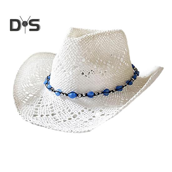 Summer Straw Hat Hollow Out Foldable Adjustable Bead Decor Curled Edge Windproof Strap Western Cowboy Style Solid Color Outdoor Cap