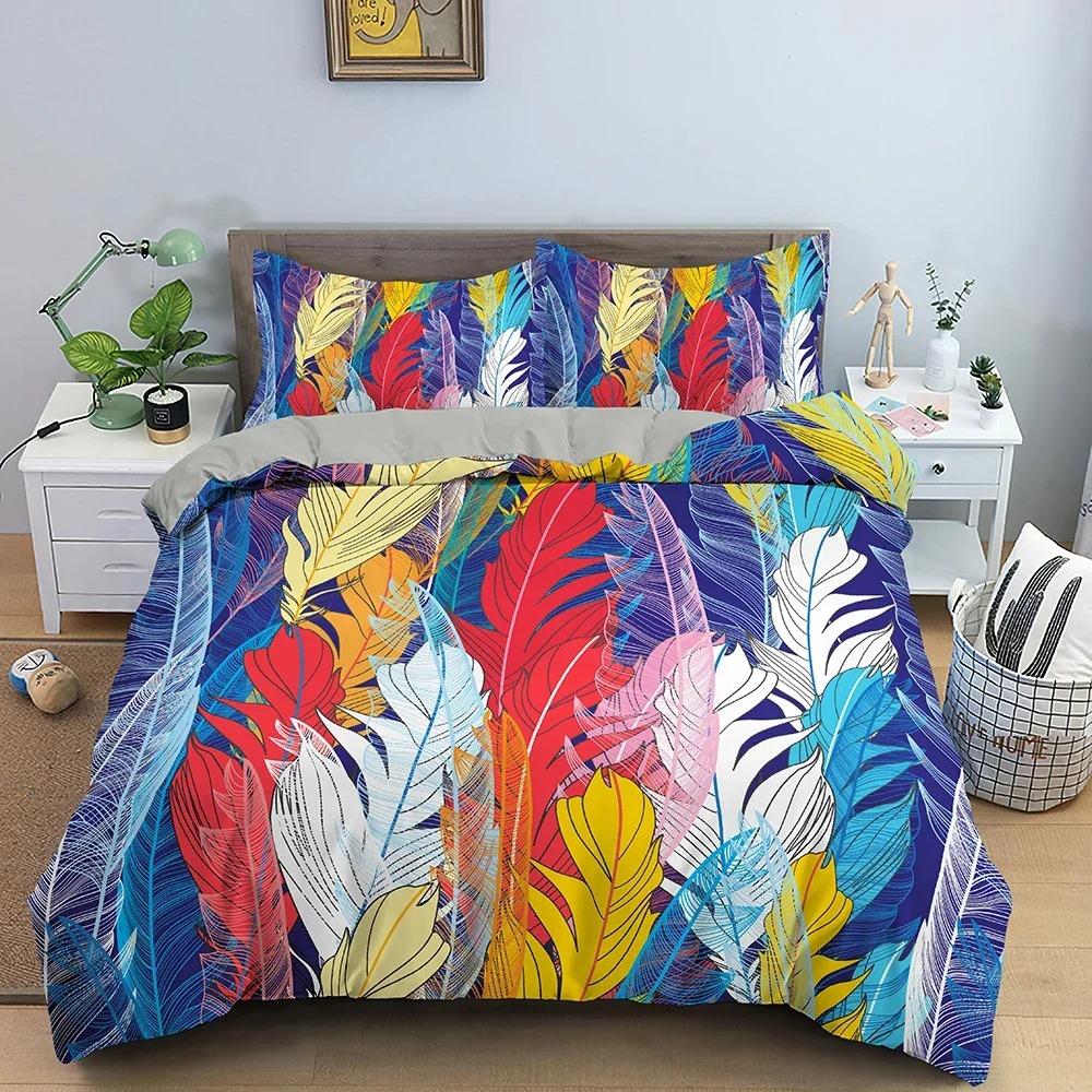 Colorful Feathers Pattern Bedding Set Soft Cozy Duvet Cover Set Luxury King Queen Quilt Cover for Bedroom Decor