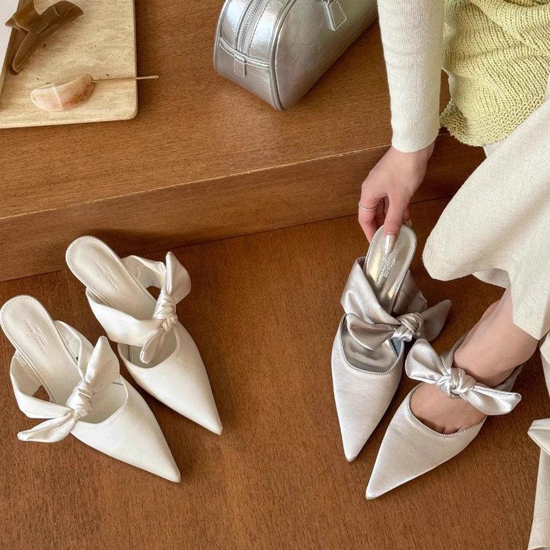 Fashion Silk Pointed Bow Thin High-heeled Shoes for Women Spring and Summer 2025 Casual and Fashion Slippers Ladies Designer Sandals