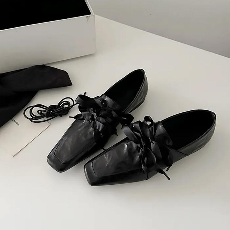 Cowhide version~ square head lace-up white women's pedal bow ballet style single shoes low heel small leather shoes
