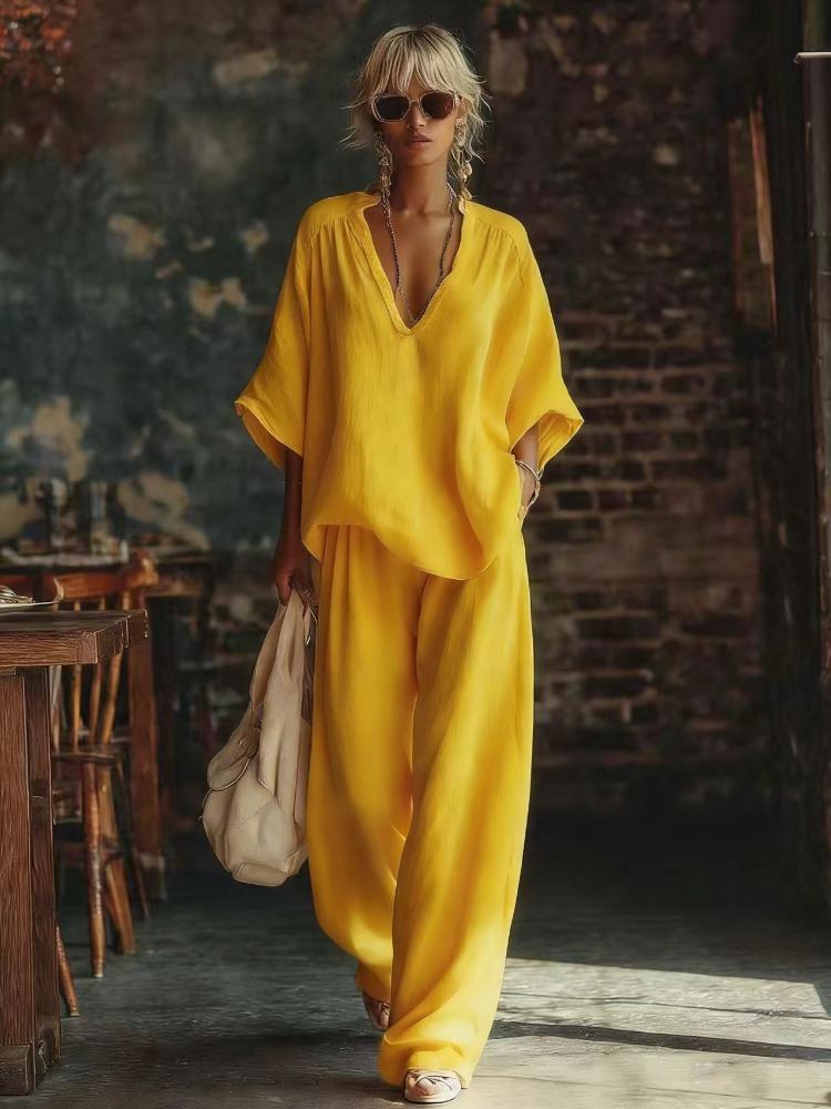 Damen V-Ausschnitt Kurzarm Locker sitzend Zweiteiliges Set Lässig Weite Hosen Outfit Mehrere Farben