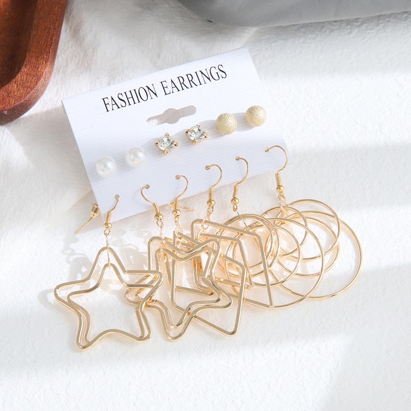 European and American Personality Trend Five-pointed Star Circle Alloy Earrings INS Wind Pearl Diamond Stud Earrings 1 Pair
