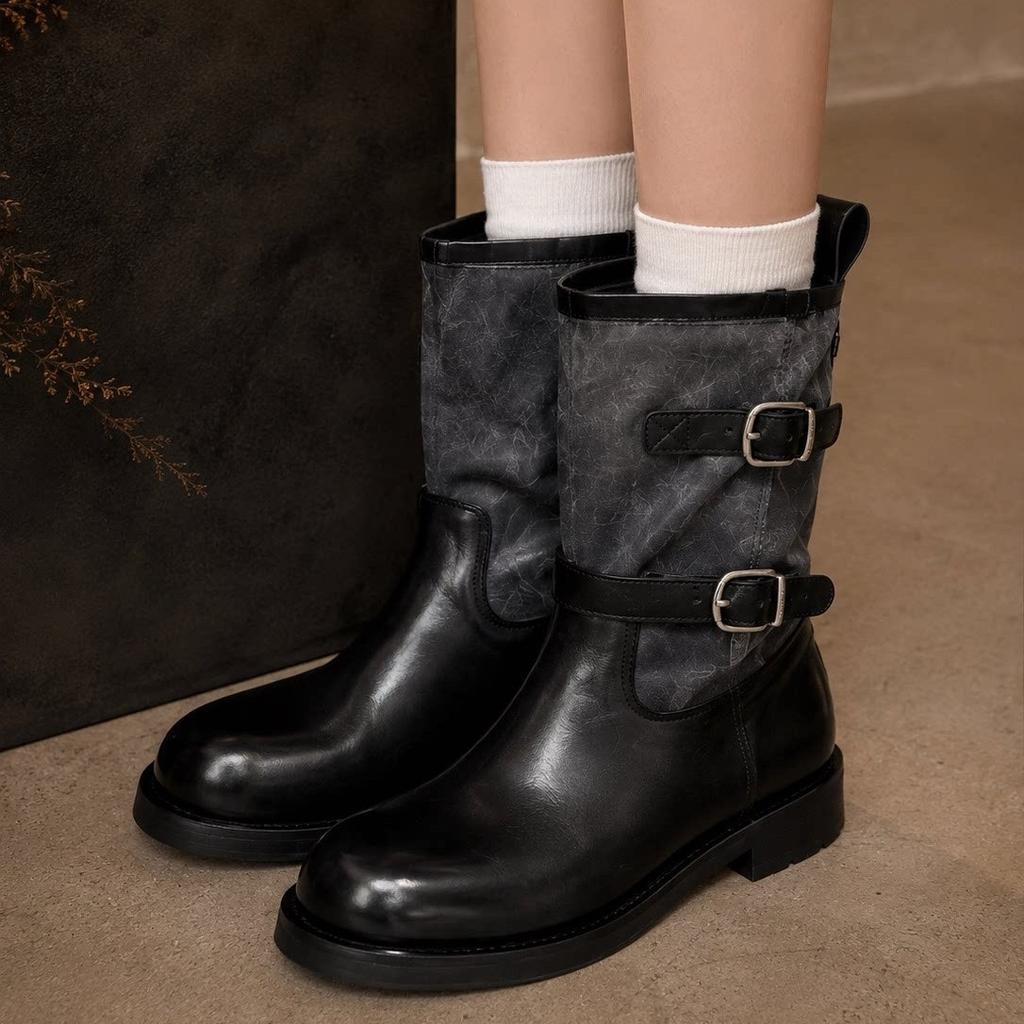 Cowhide version~ Retro belt buckle knight boots thick heel western cowboy boots women's thin boots round head locomotive short boots