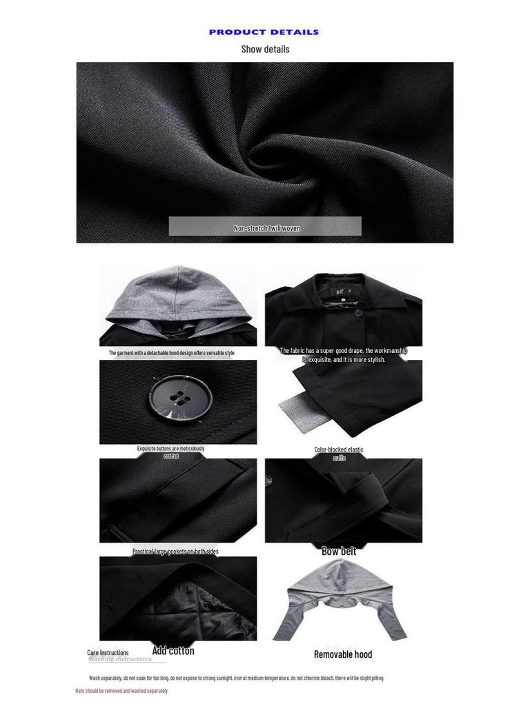 2025 New Korean Style Women's Color Block Mid-Length Trench Coat - Black Casual Spring/Autumn Wear