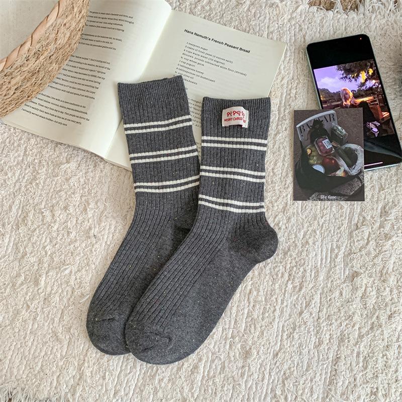 Grey College-style Striped Fabric Label Women's Mid-calf Socks Autumn and Winter Cotton Socks Trendy and Individualistic Long Calf Socks