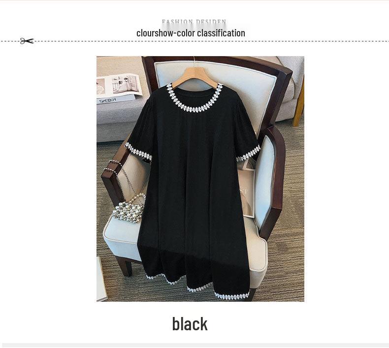 Plus Size Slimming Mid-Length Loose Dress for Women - Round Neck, Sizes 200/300/350 Jin, Style 7117