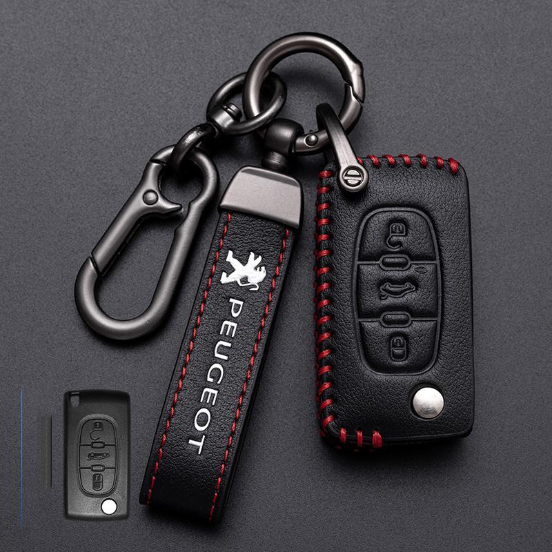 Leather Car Smart Remote Key Case Cover Protector Shell for Peugeot 107 207 307 308 407 607 3008 5008 Auto Keychain Accessories