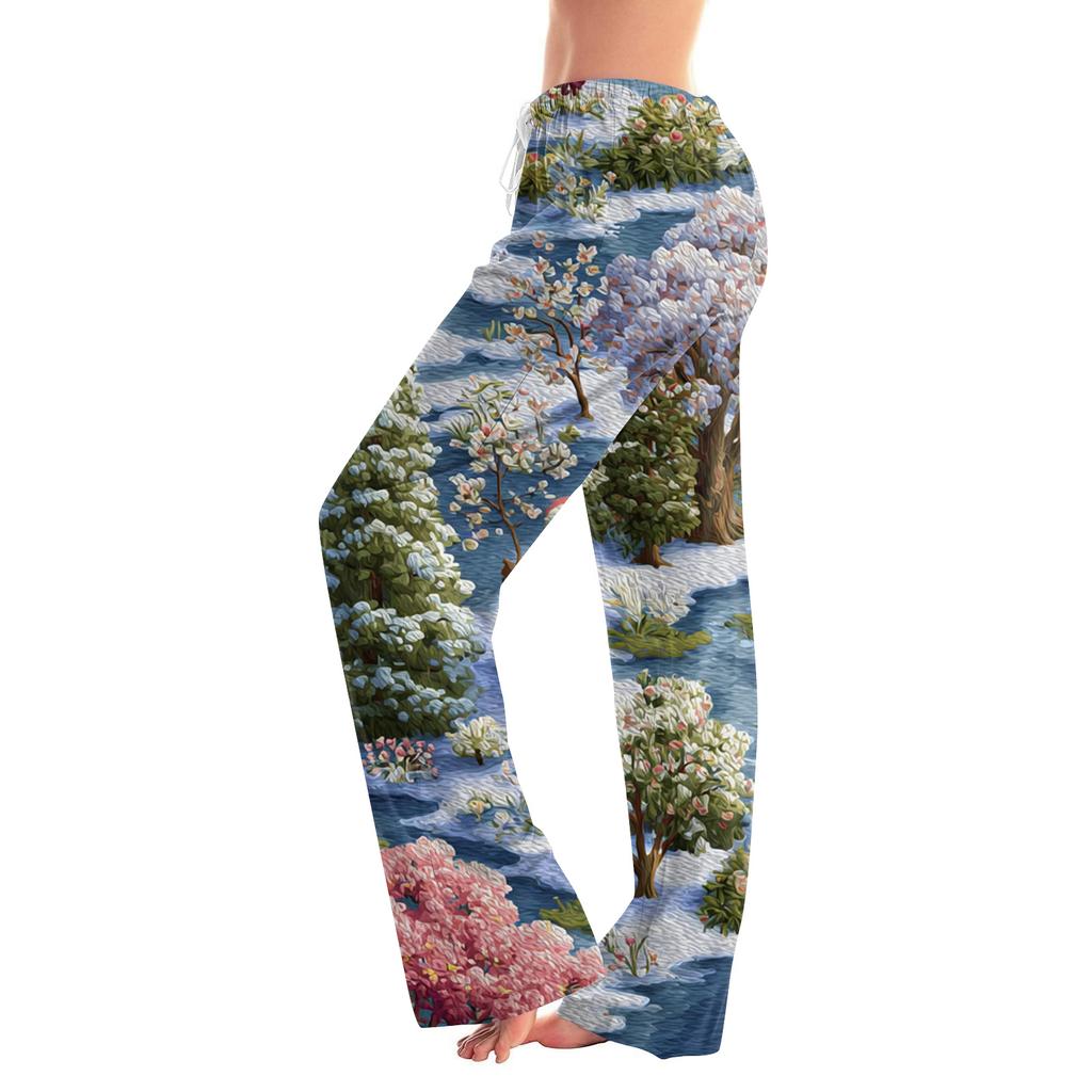 Ladies' Loose And Casual Christmas Printed Wide Leg Pants With Elastic Waistband Drawstring And Pocket Pants