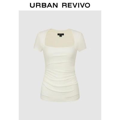UR2026 Damen Quadratischer Ausschnitt Plissiert Schlanke Passform Kurzarm T-Shirt