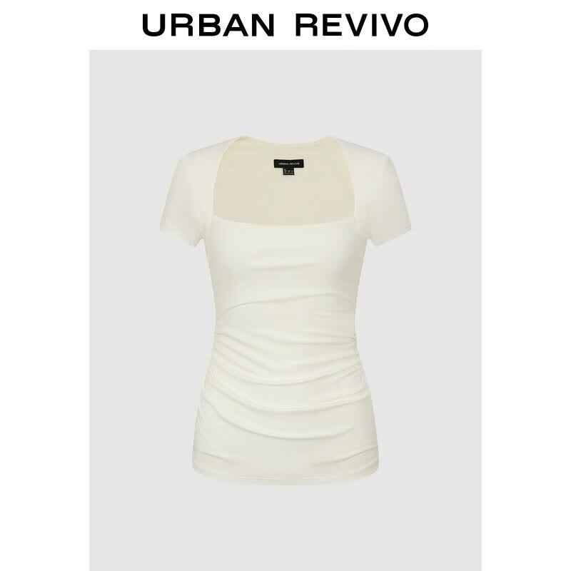 UR2026 Women s Square Neck Pleated Slim Fit Short Sleeve T-shirt M