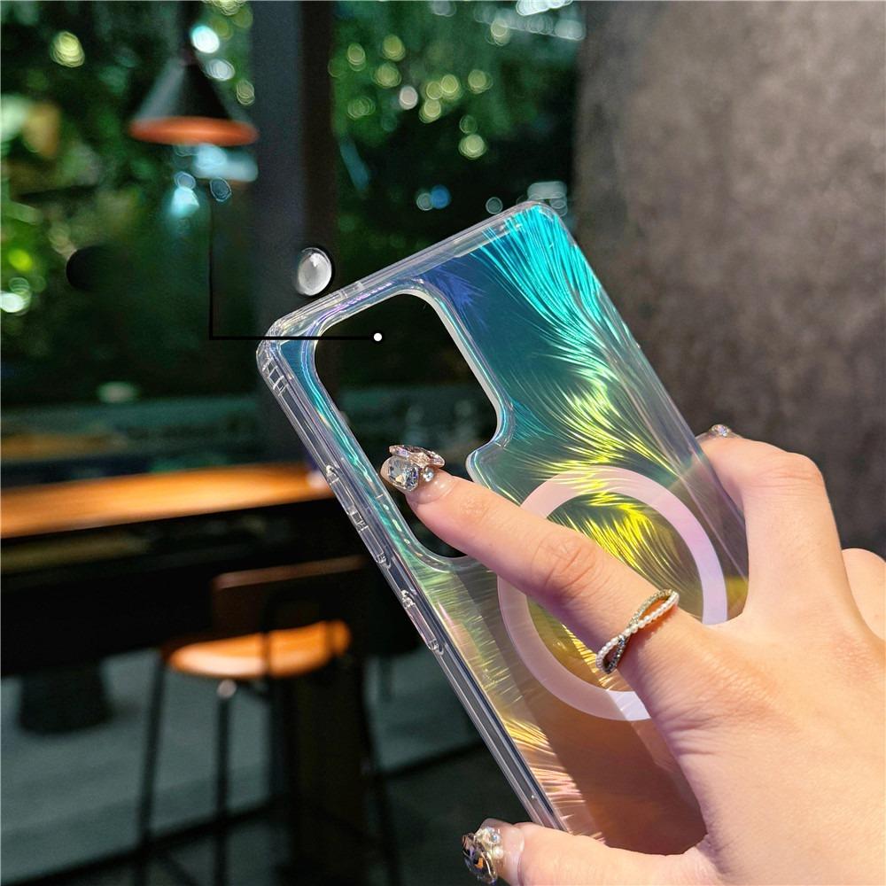 Suitable for Samsung S25ultra Feather Yarn Magnetic Suction Mobile Phone Case Gradient S25edge Color Plated S24 Laser Colorful Anti-fall