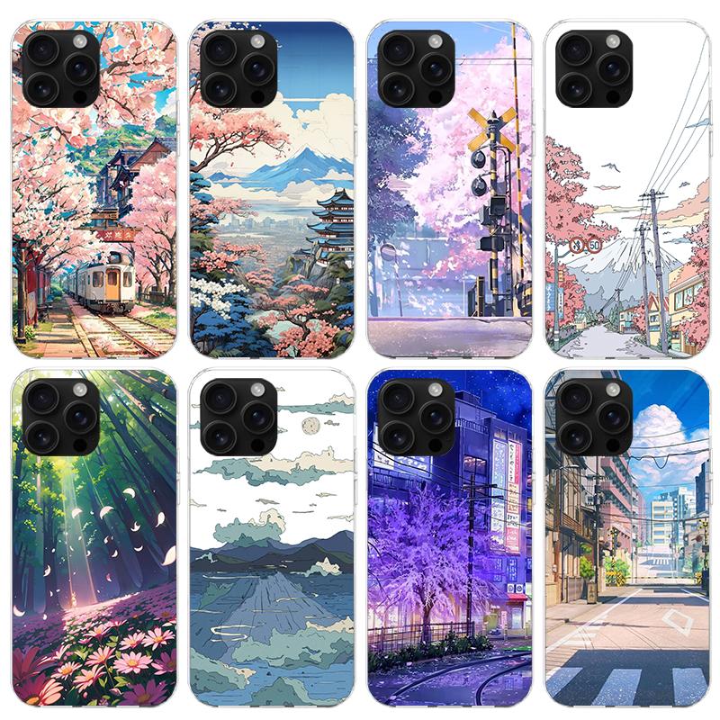 Anime Aesthetic Scenery Phone Case For iPhone 17 Air 16 15 Pro Max 14 Plus 13 Mini 12 11 Cover 7 8 SE Silicone Shell Print Funda