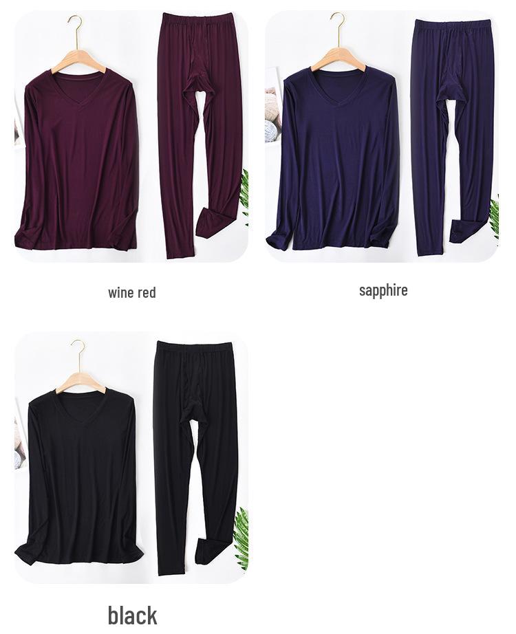 Men's V-Neck Thermal Underwear Set: Modal, Cotton, Wool - Slim Fit, Plus Size Top & Bottoms for Autumn