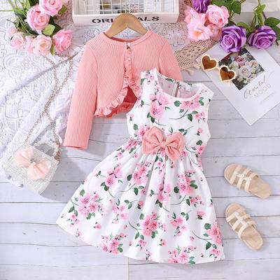 Çocuk 2-8Y Etekler İlkbahar ve Sonbahar Modelleri Bebek Renkli Boyundan Bağlamalı Elbise + Düz Renk Ceket Moda Bebek Takım Elbise