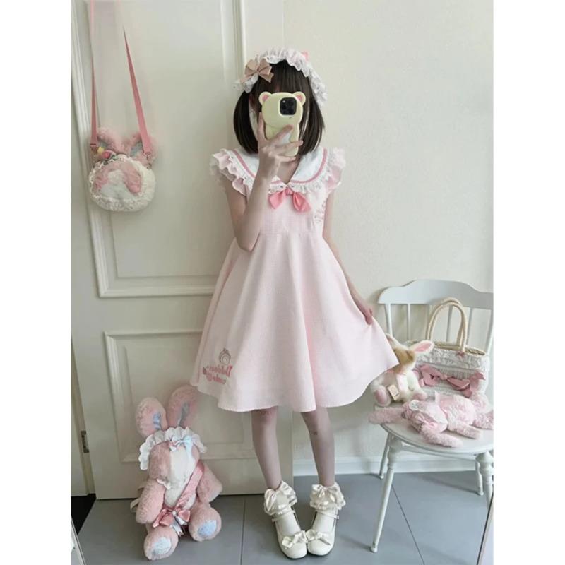 Süßes Kawaii Spitze Rosa A-Linie Midi Kleid Damen Y2k Niedliche Punkte Schleife Design V-Ausschnitt Ärmelloses Kleid 2024 Sommer Japanische Mode