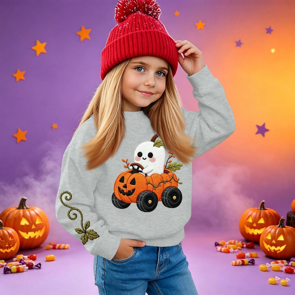 Kids' casual long-sleeved sweatshirt with Halloween print, suitable for holiday parties and everyday wear.