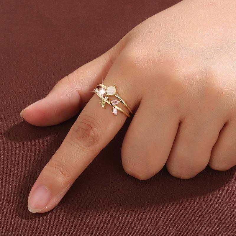 Niche Double-Layer Willow Leaf Zircon Open Ring - Fashionable Pure Copper Women's Jewelry.