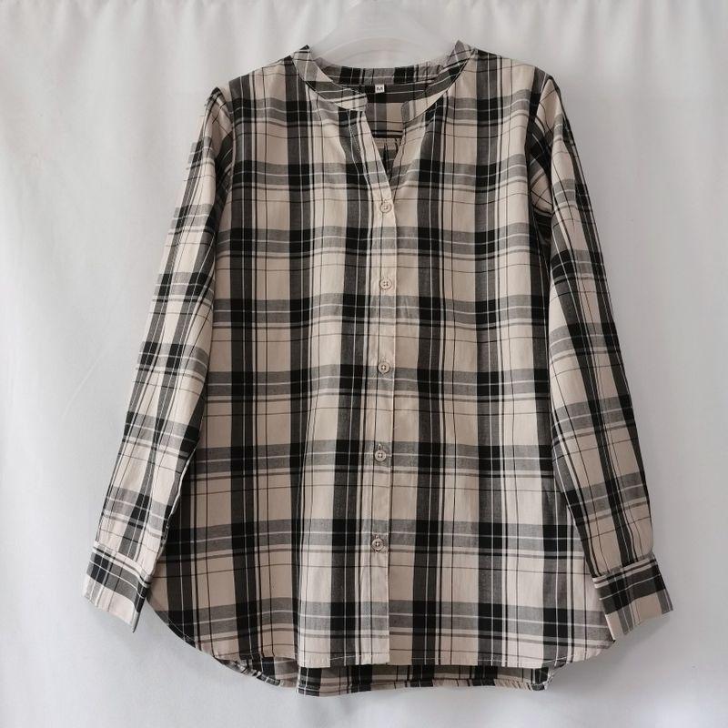 Export Daily Order Tail Goods V Neck Long Sleeves Gingham Shirt Women's Loose Leisure All-Matching Autumn New Literary Style