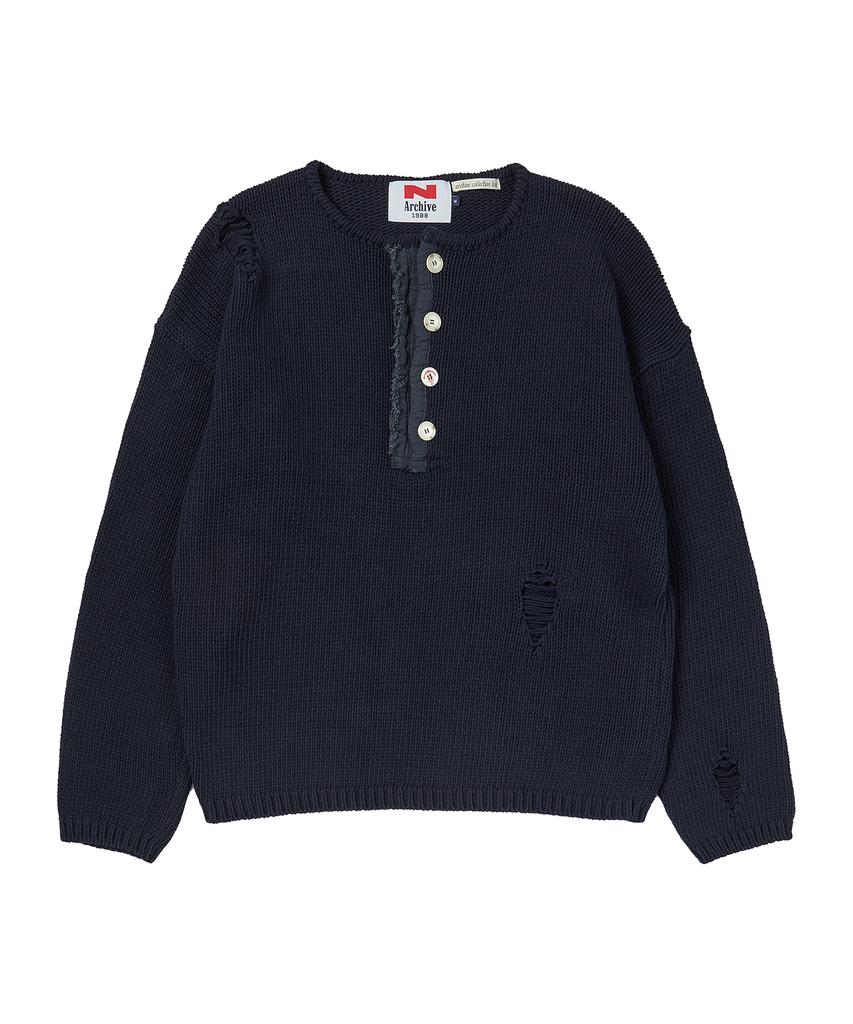 BEYOND CLOSET [Collection Line] Archive Heavyweight Cotton Damaged Detail Henley Neck Knit Navy