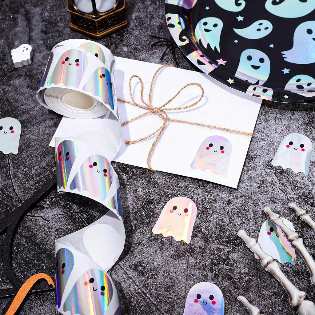500pcs/1roll Halloween Boo Ghost Stickers Laser Holographic Waterproof Envelopes Journals Party Supplies Halloween Decorations