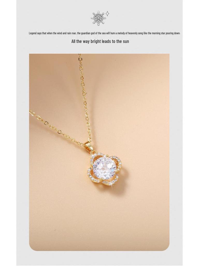 Korean Style Four-Leaf Clover Zircon Pendant Copper Necklace for Women